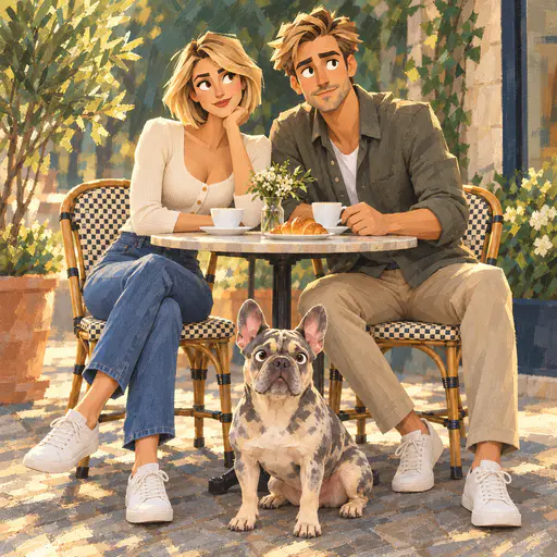 Cartoon couple with big expressive eyes and their French bulldog at a small café table on a sunlit terrace