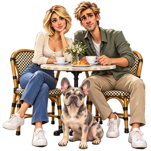 Painted cutout of a couple and a French bulldog at a cafe table on a transparent background