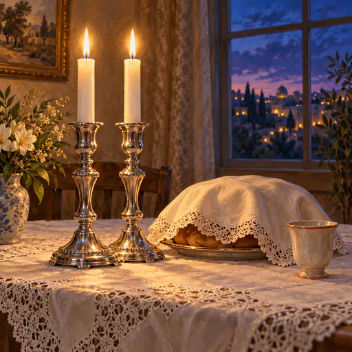 A pair of silver candlesticks with lit white candles stands on a lace edged tablecloth beside a covered loaf and a cup before a deep blue evening window.