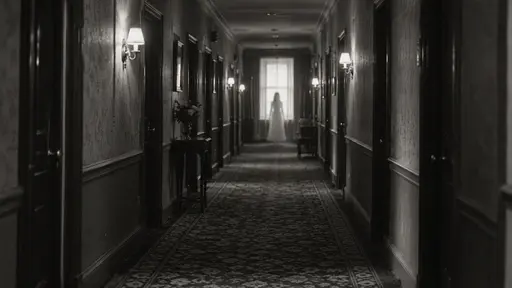 A translucent adult apparition in a long dress stands at the far end of a long empty hotel corridor in a black and white film photograph with raking sconce light and fine grain.