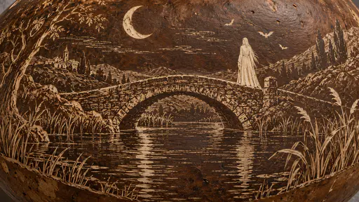 A pale adult apparition in a long cloak stands at the end of an arched stone bridge over a still river beneath a crescent moon in a picture incised into a dried gourd shell.