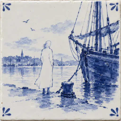 An outlined adult apparition in a long coat stands on a quay beside a tall old sailing ship in a sparse cobalt blue brush drawing on a white glazed tile.