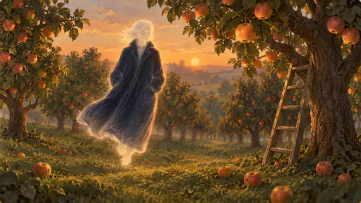 A translucent adult apparition in a long navy coat drifts between rows of apple trees with glowing apples at dusk in a velvety dry brush cartoon with golden side light.