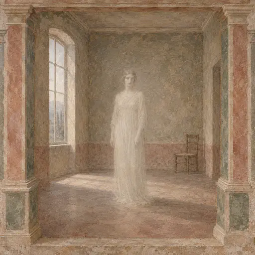 A pale adult apparition in a long dress stands in the middle of an empty room with a tall window and a single wooden chair in a plaster painting framed by painted pillars.