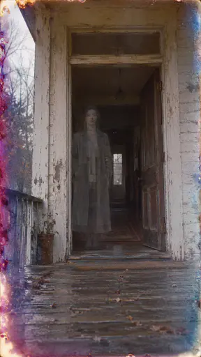 A translucent adult apparition in a long grey coat stands motionless in the open doorway of an old farmhouse at dusk in a soaked colour negative film photograph with emulsion clouds.