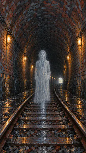 A pale adult apparition in a long coat stands in the middle of a curved brick railway tunnel with a bright arch of daylight far behind in an illustration made of soft overlapping marks.