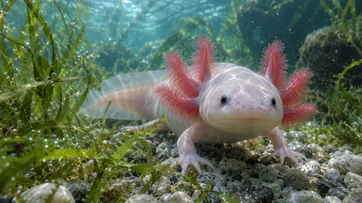 A pale pink axolotl with full feathery coral-red gills and small dark eyes rests among strands of green waterweed on pale gravel in clear shallow water, soft cyan light from above and drifting particles around it.