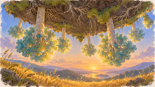 Seen from below, the underside of a floating island is a ceiling of dark earth and pale tangled roots with tall pale-barked trunks hanging down from it, crowned with soft turquoise and gold leaves in dappled golden light with moss in the hollows.