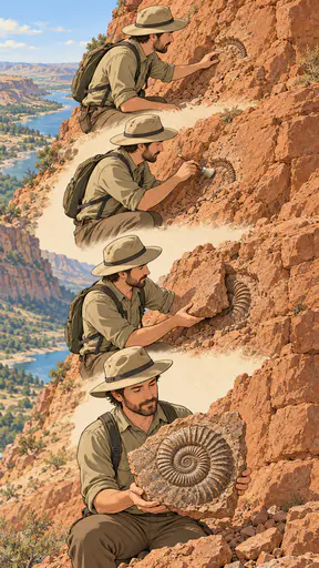 A vertical drawn sequence shows an adult paleontologist in a sun hat spotting a curve of stone, brushing the rock, lifting a slab and finally revealing a complete ammonite spiral on a cliff.