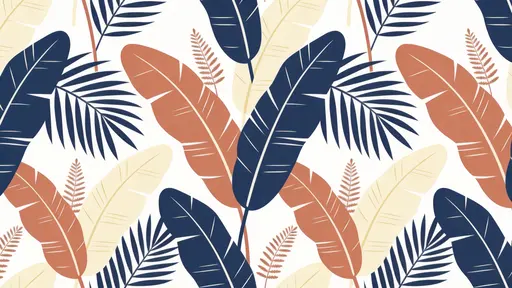 A seamless 16:9 surface pattern of simplified palm and banana leaves with small fern accents rendered as flat, overlapping shapes in dusky blue, cream, and muted terracotta with clean contours and a flawless vector repeat.