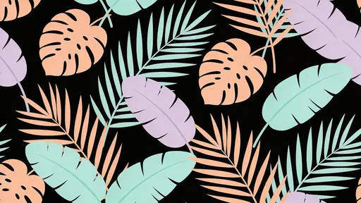 A seamless 16:9 repeat of slender palm and rounded banana leaves as smooth flat silhouettes in mint, peach and pale lavender on a charcoal backdrop, flowing diagonally with subtle shifts.