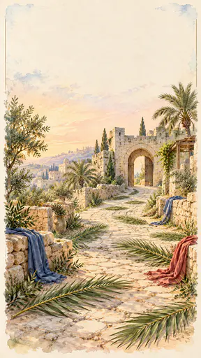 A dusty stone road strewn with green palm fronds and folded blue and red cloaks leads to a small pale stone gate under a soft peach sky in a vintage brochure style.