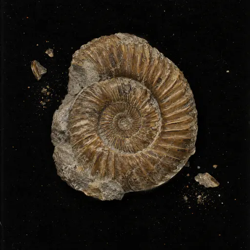 A palm sized coiled ammonite fossil with ribbed golden brown whorls in grey limestone lies on a plain dark ground in a flatbed scan photograph with grazing scanner light.