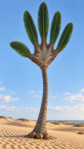 Surreal botanical photograph of a tall palm tree on a rippled sand dune, its crown forming a five-fingered open hand made of fronds and bark that flows continuously into the trunk, seen from a low frontal angle against a pale blue morning sky with soft high clouds.