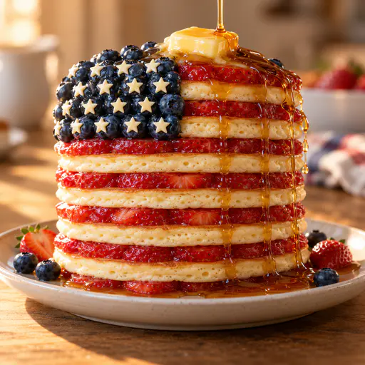 Pancake stack layered into a flag with blueberry canton top and strawberry stripes and syrup pour.