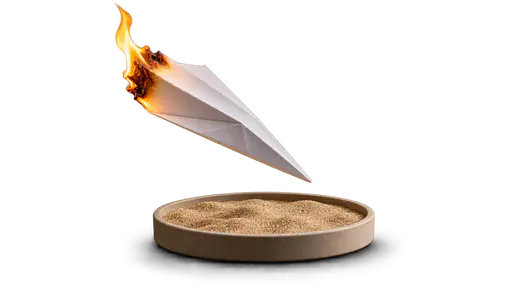 Going down in flames: a blank folded paper airplane descends nose-first with a small flame consuming only its trailing tail, above a plain round sand tray catching its path, isolated on transparency with a soft contact shadow.