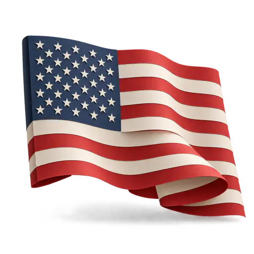 A single paper American flag with one broad rounded forward curl in its lower stripes stands cut out on a transparent background with a soft simple shadow.