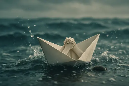 A single fragile paper boat navigates churning, wind-whipped waters, its thin seams holding a small cluster of joined hands — a delicate emblem of unity against tumult. The scene contrasts tender vulnerability with restless, dramatic motion, framed like a contemplative landscape photograph.