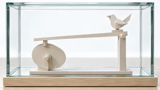 A lopsided oval paper cam disc on a paper axle presses up under a thin paper arm pivoted on a paper post, lifting one end so a small folded paper bird on a perch tilts, inside a clear rectangular glass display case on a pale wooden base.