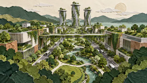 Layered green paper city with folded towers and terraces under a pale sky