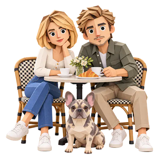 Papercraft cutout of a faceted couple and their French bulldog at a cafe table on a transparent background.