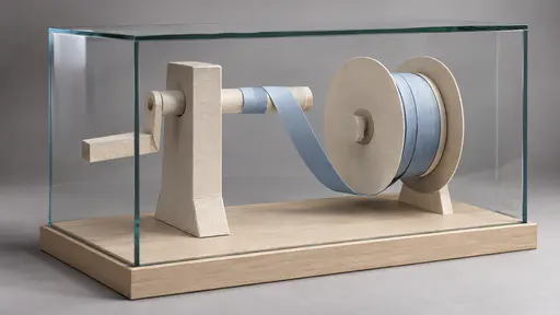 A flat paper crank handle is fixed to a thick paper spindle through a tall paper post and winds a pale blue paper ribbon onto a round paper spool, a loose length trailing, inside a clear rectangular glass display case on a pale wooden base.