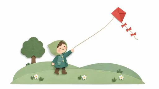 Flat layered paper-cut illustration of a small child on mint-green hills flying a red diamond kite, its string sweeping across a pure white sky.