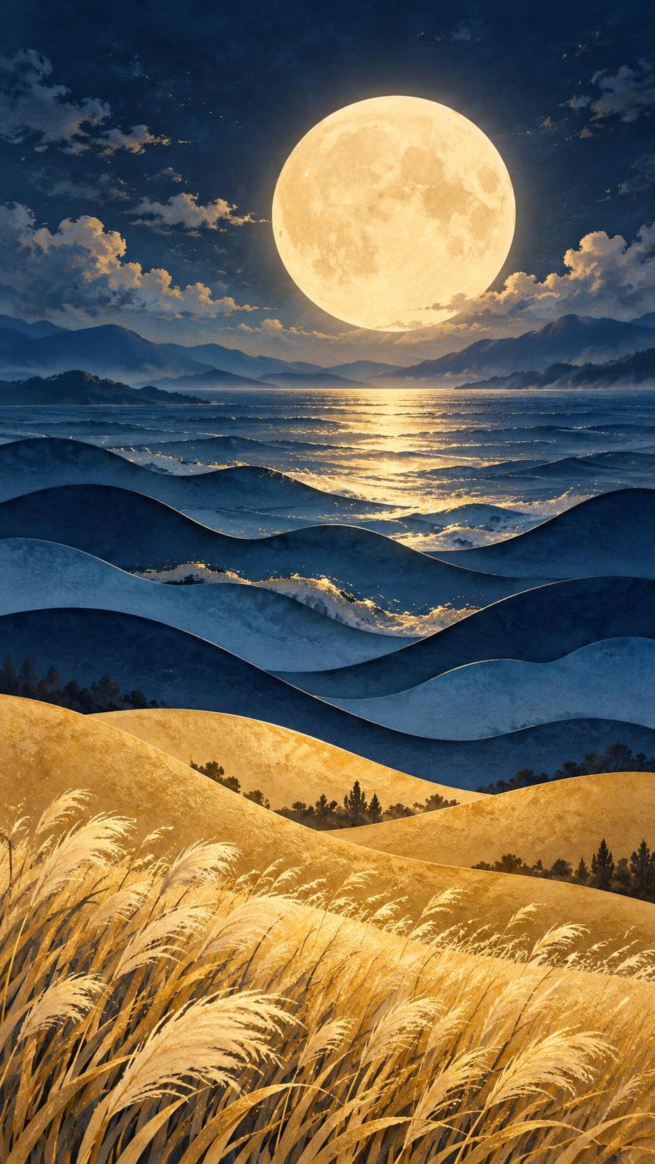 A stylized paper-cut full moon over blue waves and a golden field.