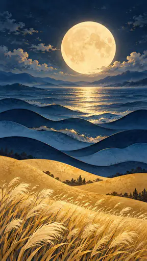 A stylized paper-cut full moon over blue waves and a golden field.