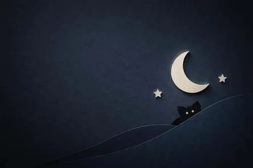 Minimal paper-cut night scene on a 3:2 midnight-navy textured background with a crescent moon, one hill layer, two star cutouts and a tiny bat silhouette peeking, crisp edges and soft shadows.
