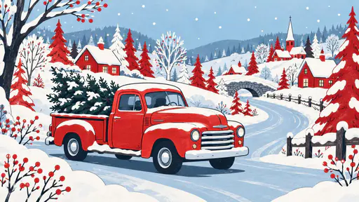 A paper-cut red vintage pickup truck in a snowy village of red houses and paper trees.