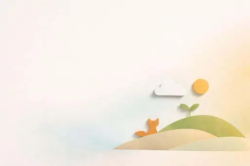 Minimal 3:2 paper-textured composition with off-white cool-to-warm gradient, broad left negative space, and a right-bottom layered cardstock relief of hill, cloud, sun, sprout, and tiny fox.