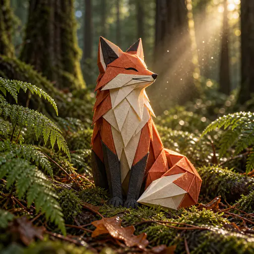 Geometric layered-paper fox sitting among real ferns and moss on a forest floor, god-ray cutting through trunks behind.