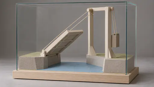 A flat paper drawbridge span hinged at one bank is raised to forty-five degrees by two thin paper cords over a tall paper gate frame to a hanging paper counterweight box above a pale blue paper moat inside a clear rectangular glass display case on a pale wooden base.
