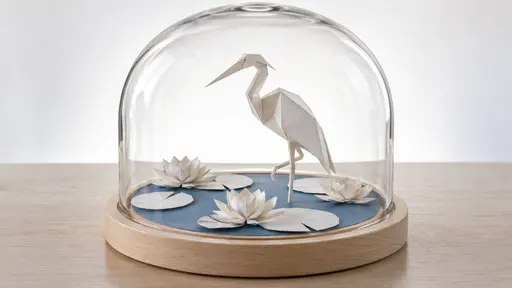 A folded white paper heron stands on one leg among folded paper lily pads on a flat blue paper pond inside a clear round glass dome on a pale wooden base, fold lines and clean paper edges visible.