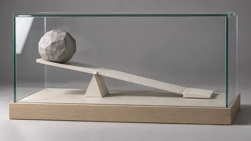 A long flat paper plank rests across a small triangular paper fulcrum with one end pressed down and the other lifting a round grey paper stone clear of a paper base inside a clear rectangular glass display case on a pale wooden base.