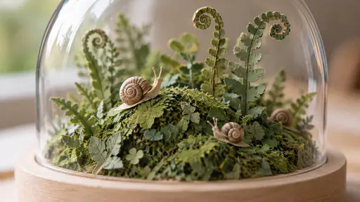 A mound of finely cut green paper moss with small spiral paper snails and tall curling paper ferns sits inside a clear round glass dome on a pale wooden base, cut edges and folds visible in close view.
