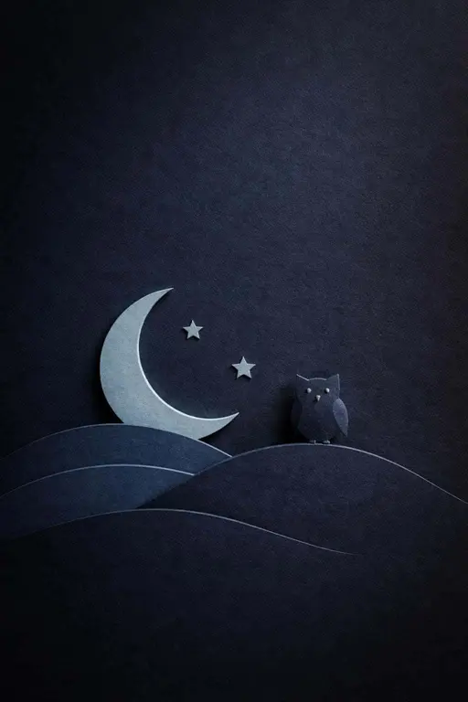 Portrait 2:3 scene of a minimalist paper-cut night relief: deep indigo-charcoal textured background with layered crescent, hill, two stars and a silhouetted owl mascot.