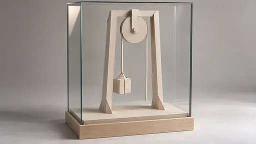 A large round paper pulley wheel on a bracket at the top of a tall paper frame carries a thin paper rope that hoists a small folded paper crate off a paper floor, the free end hanging straight down, inside a clear rectangular glass display case on a pale wooden base.