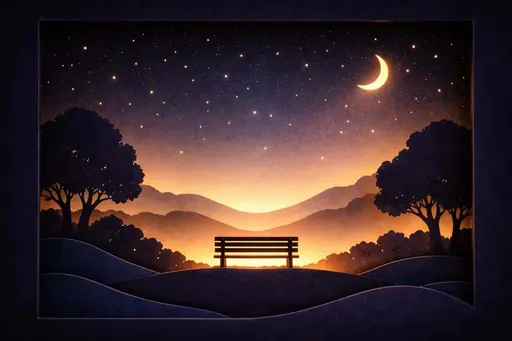 Photorealistic 3:2 horizontal paper shadowbox with silhouetted indigo hills and a park bench against a deep matte starry sky, warmed by a dramatic golden backlight and subtle fiber edges.