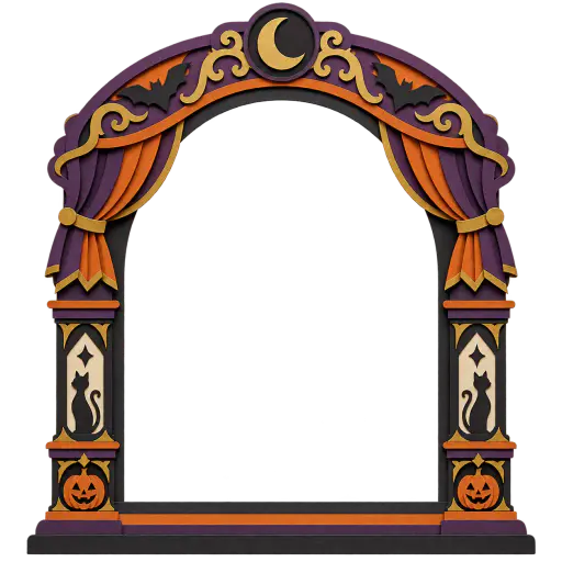 Layered paper-cut Halloween theatre arch frame in purple, orange and cream with pleated curtains at each upper corner and a crescent moon at the crown; the broad arched opening is fully transparent so a photo can show through, for use as a decorative photo-frame overlay.