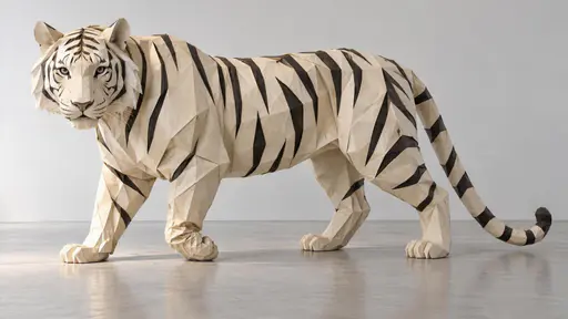 Paper tiger: a life-size tiger constructed from folded cream paper with black paper strips as stripes stands in a bare gallery, every surface creased with seam-lines and one front paw buckling under the animal's own weight, lit by soft raking light from the left against a pale wall.
