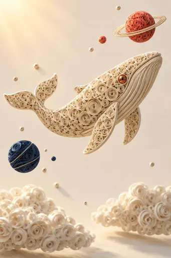 A whale sculpted entirely from coiled cream paper swims upward through a pale sky dotted with small quilled planets and white paper-cloud curls.