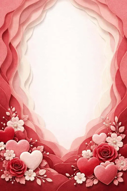Vertical 2:3 papercut card with concentric textured paper layers shifting from deep crimson at the bottom to blush pink and pale cream at the top, clustered hearts and florals at the bottom corners, and a tall central space reserved for text.