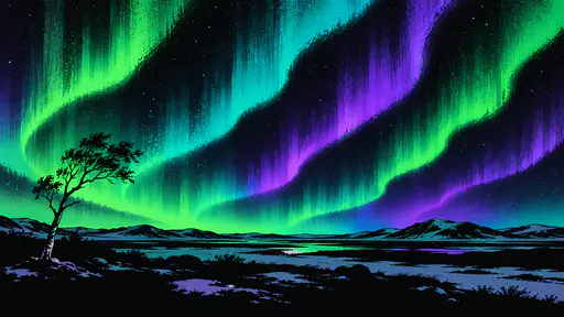 Several parallel aurora bands run side by side over open tundra reduced to bold fields of emerald, teal and violet ink.