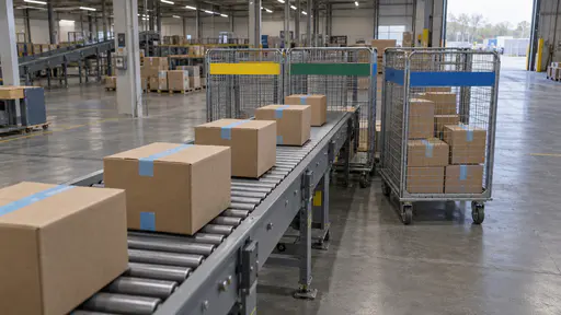 A long grey roller conveyor carries medium brown cardboard boxes with pale blue tape toward three open wheeled cages with different plain colour bands at a sorting depot, the nearest cage half full, under even strip lighting, no people.