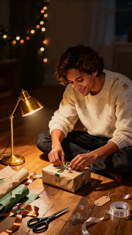 Realistic vertical scene of a parent secretly wrapping presents at night in a warm, dimly lit room, soft golden lamp light, scattered wrapping materials, cozy mood.