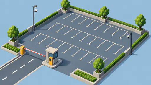 An empty car park with four rows of bays, a barrier arm, a ticket kiosk and two lamp poles carrying security cameras in clean isometric vector style.