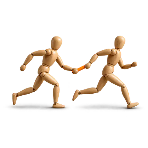 Passing the baton: two wooden runner figures sprint the same direction in stride as the rear runner places a single orange baton into the forward runner's reaching hand, both hands on the one baton mid-transfer. The image conveys transferring an ongoing responsibility while preserving momentum.