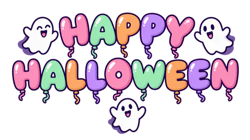 Pink, mint, lavender and orange balloon letters spell HAPPY HALLOWEEN in two rows, with three tiny white ghosts and short curling ribbons on transparency.